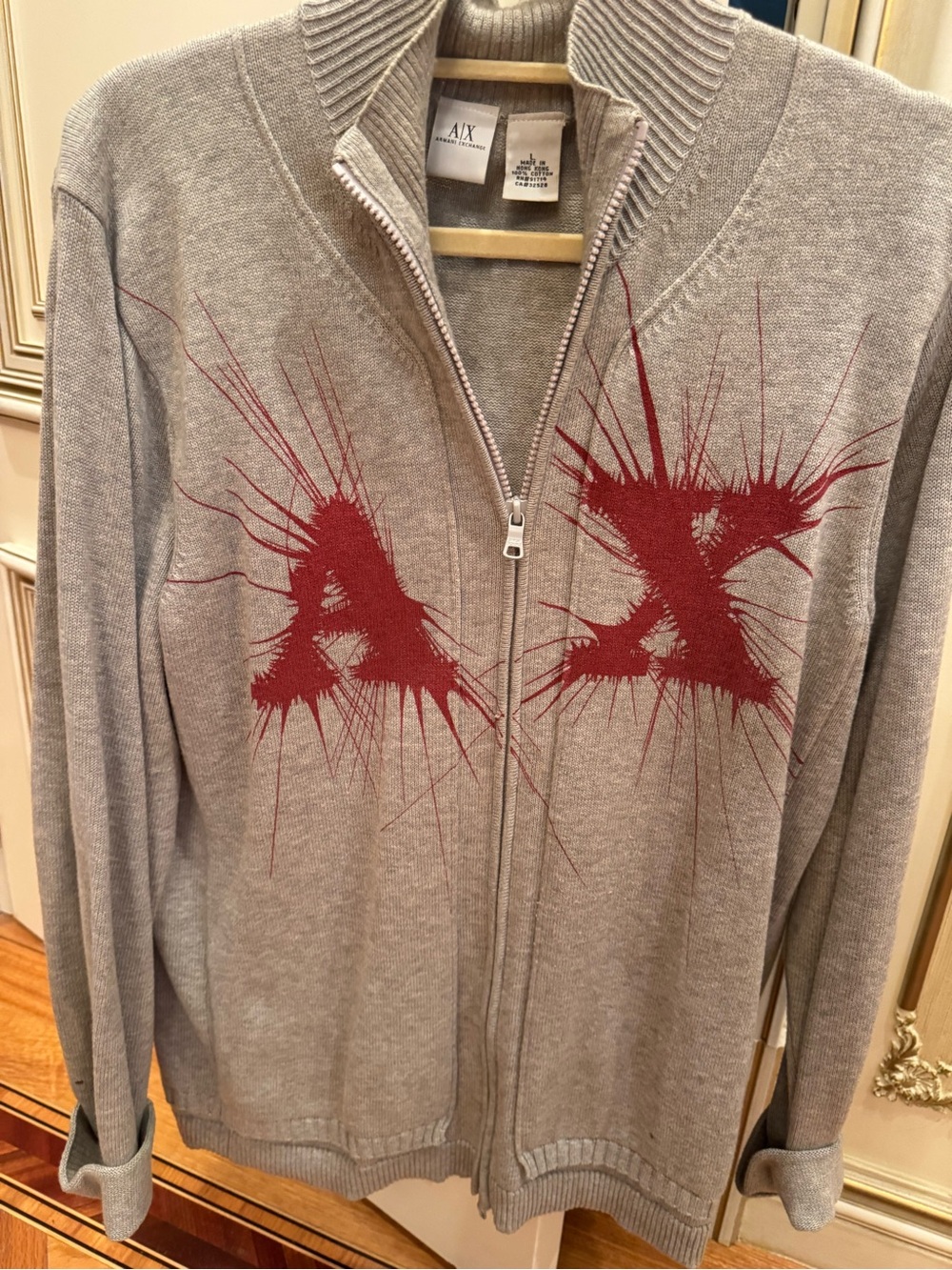Armani Exchange Gray Zip-Up Sweater with Red AX Graphic